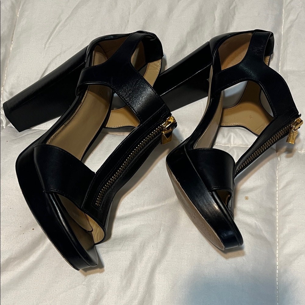 Michael Kors Black Leather T-Strap Heels with Gold Zipper Accents
